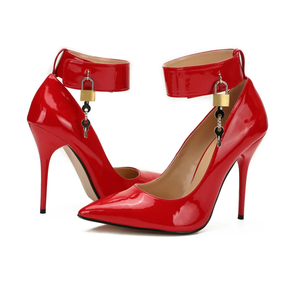 

Ankle Strap Key & Lock Sexual Drag Queen Trans Crossdresser Men's Stiletto Red Patent Leather Heels Size EUR 37-48 Women Shoes