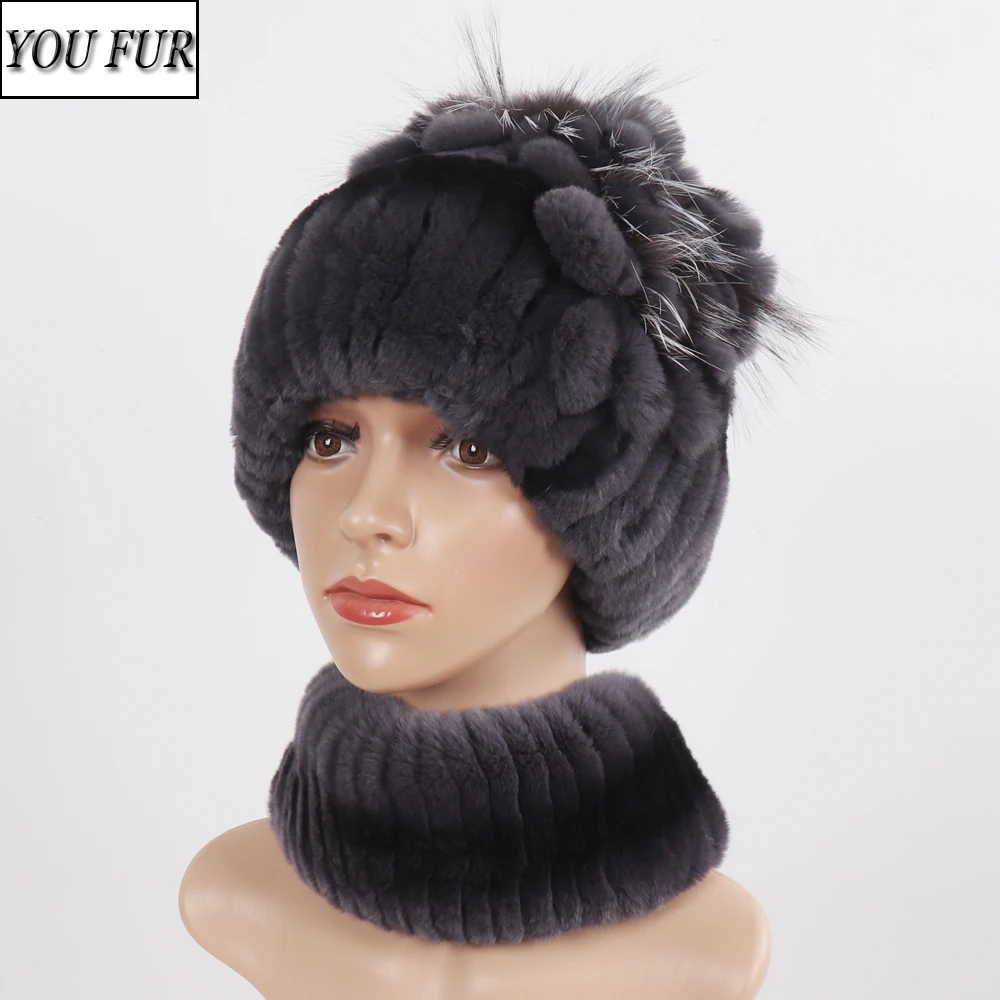 

New Arrival Fashion Women Real Fur Scarves Hats Sets Ladies Winter Warm Real Rex Rabbit Fur Scarf Hat Knitted Fur Muffles Caps