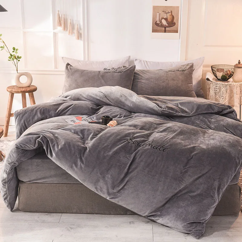 Coral Fleece Duvet Cover Winter Warm Flannel Embroidery Solid Grey Quilt Covers for Queen King Size Bed Blanket Bedding 1 Piece