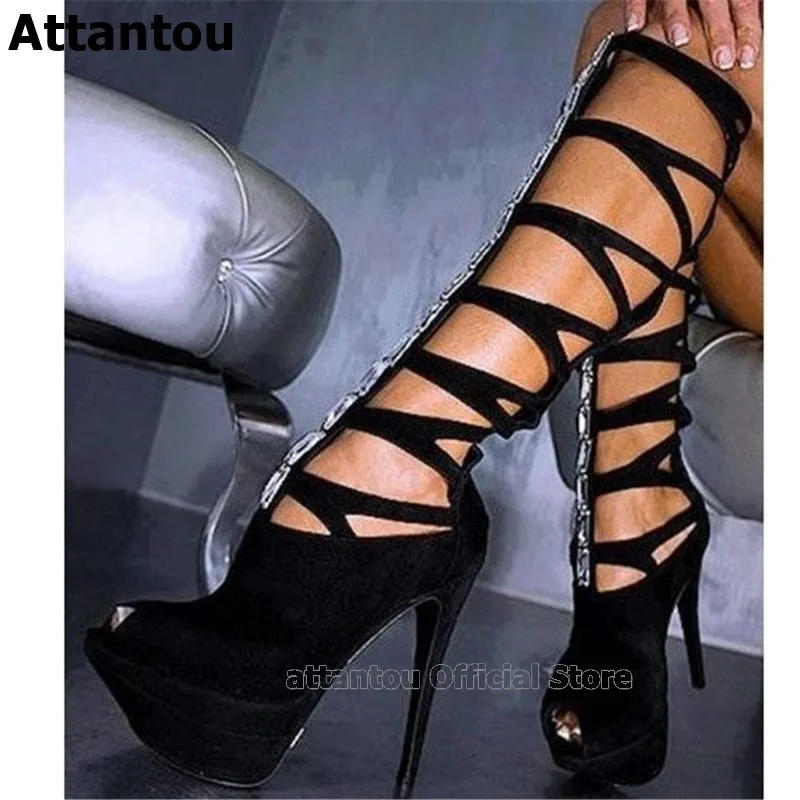 

Sexy Black Suede Platform Sandal Boot Women Rhinestone Studded Cut-out Peep Toe Cross-tied 16cm High Heels Night Club Knee Hign