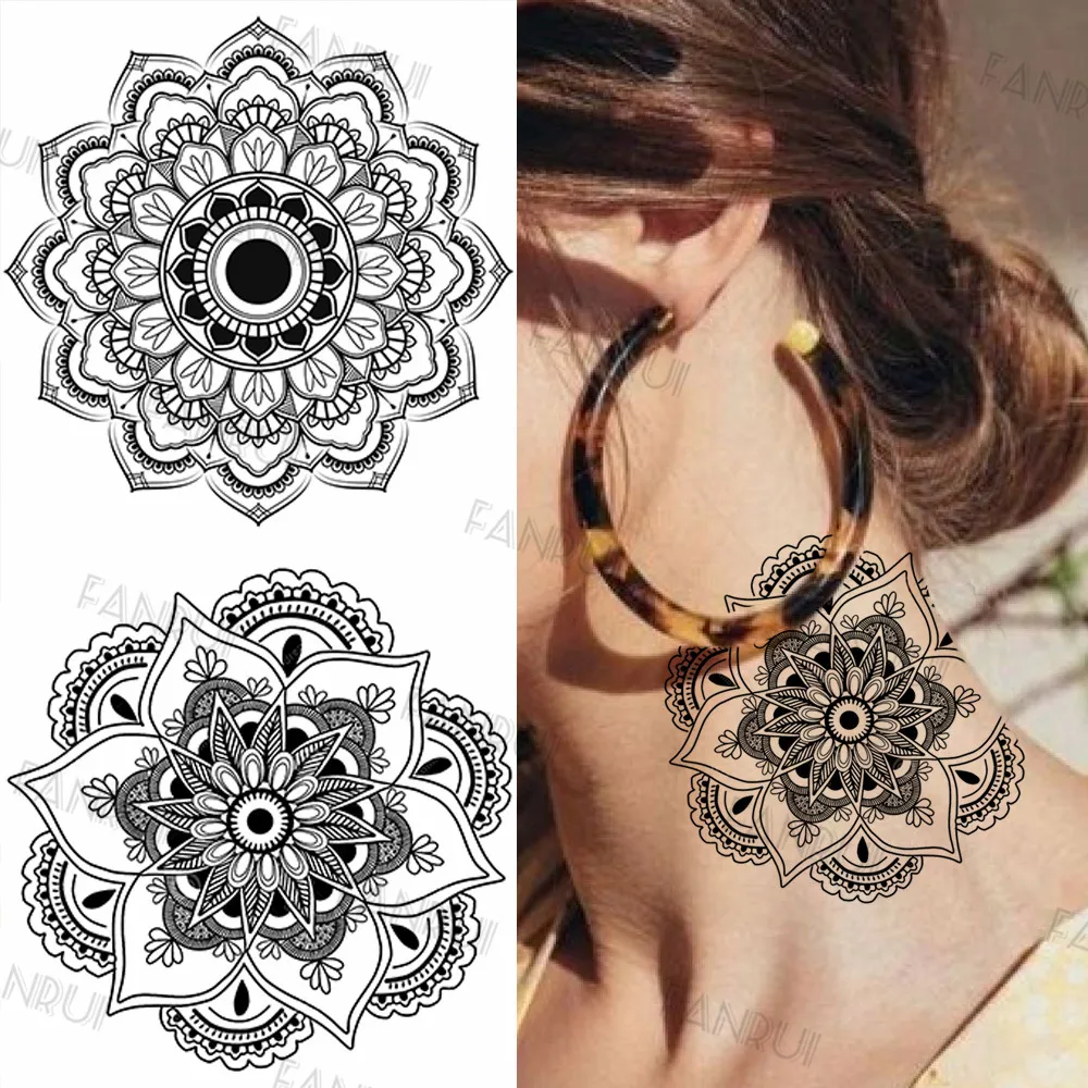 Sexy Black Mandala Flower Temporary Tattoos For Women Girls Henna Tatoos Paper Fake Jewelry String Snake Flower Tattoo For Party