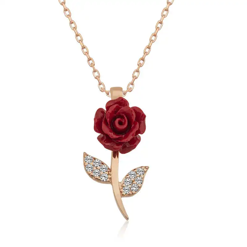 Silver Red Rose Necklace 925 Sterling Women Fine Jewelry Wedding Party Birthday Gift - Box - for Stone - Pendant - Chain Choker - Female - Ladies - Fashion