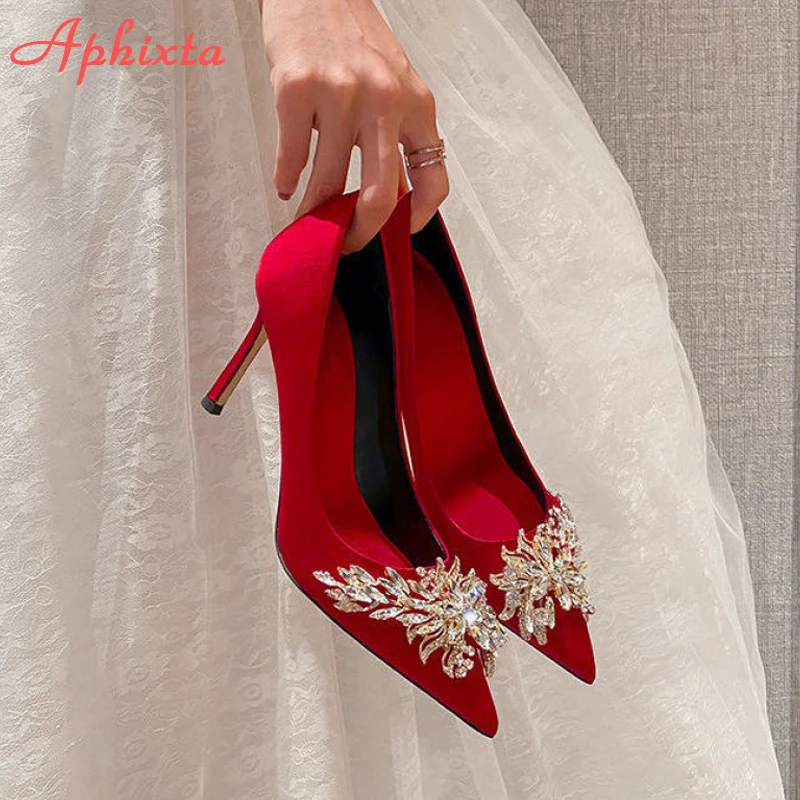 Aphixta Silk Pointed Toe Thin Heel Shoes Women 10cm Heels Diamonds Crystals Flowers Wedding Party Shoes Woman Big Size 42