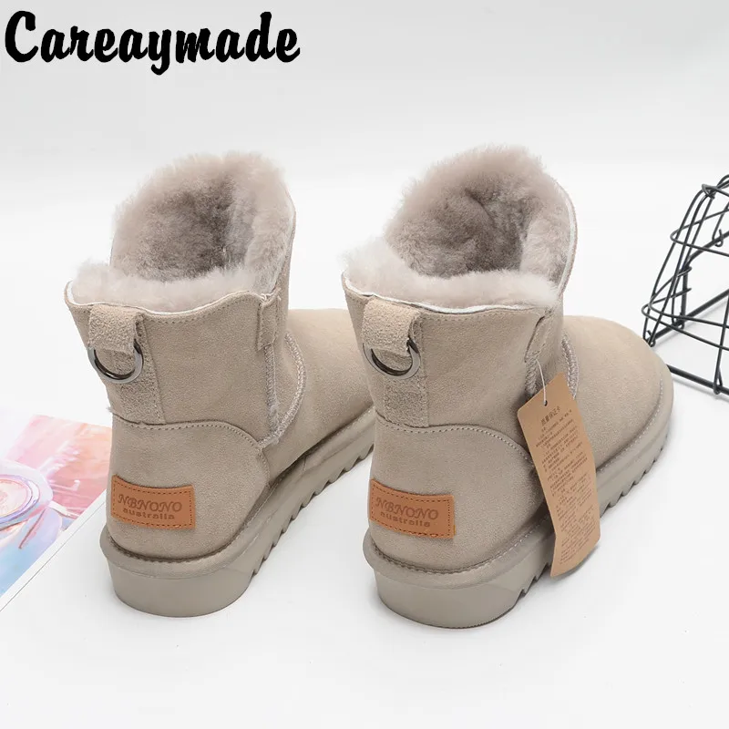 Careaymade-Cowhide snow boots women\'s short tube new leather wool short boots winter Plush fur cotton shoes Female short boots