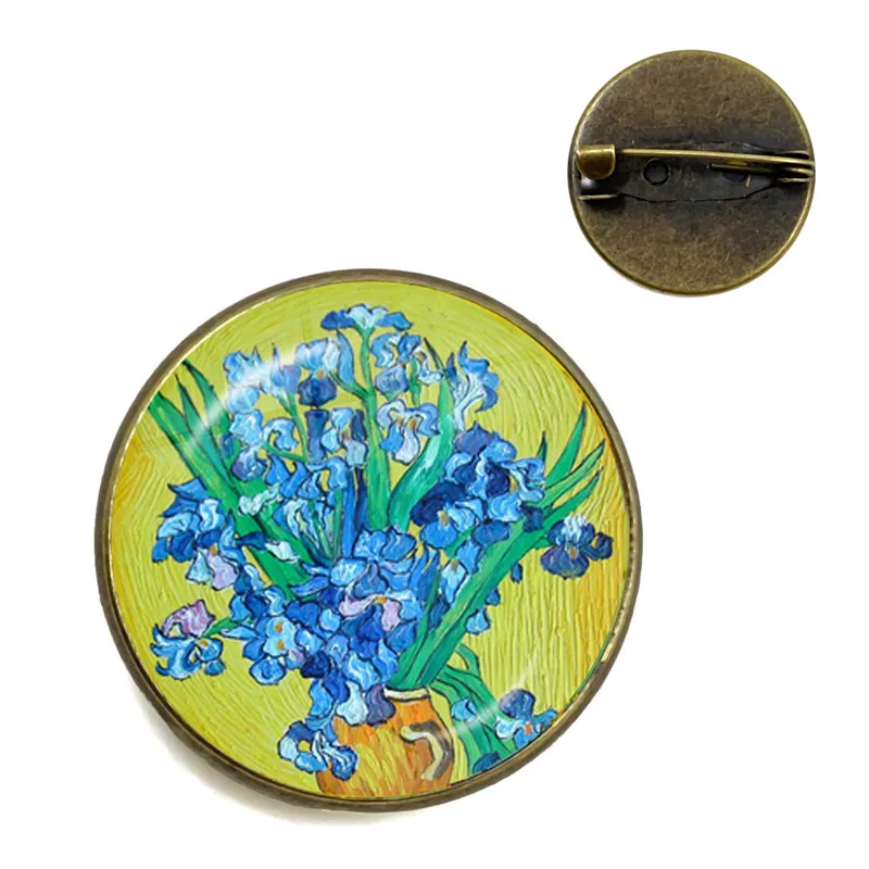 فان جوخ عباد الشمس الفن Vintage بروش البرونزية 20 مللي متر الزجاج كابوشون قبة طوق دبابيس شارة مجوهرات للنساء الرجال الاطفال هدية