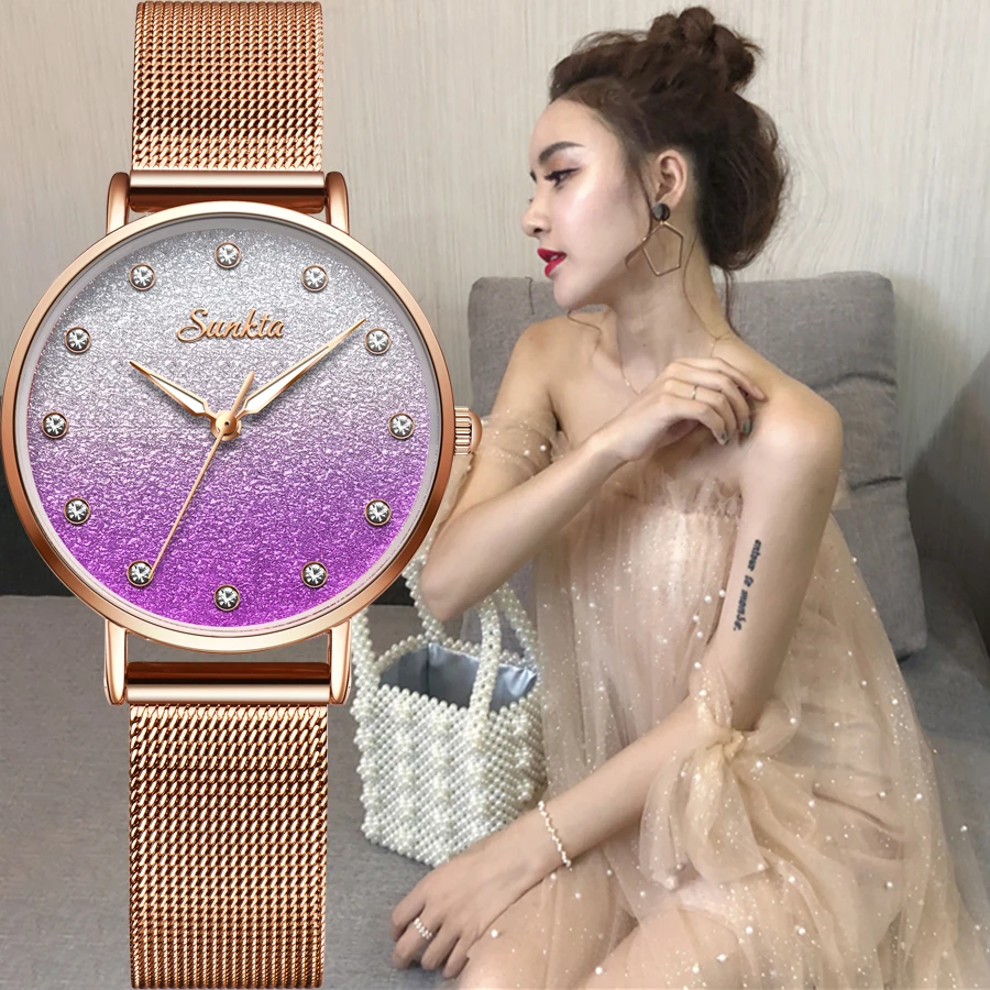 

Stainless Steel Mesh Wristwatches Top Brand Luxury Japan Quartz Movement Rose Gold Designer Elegant Style Watches For Women