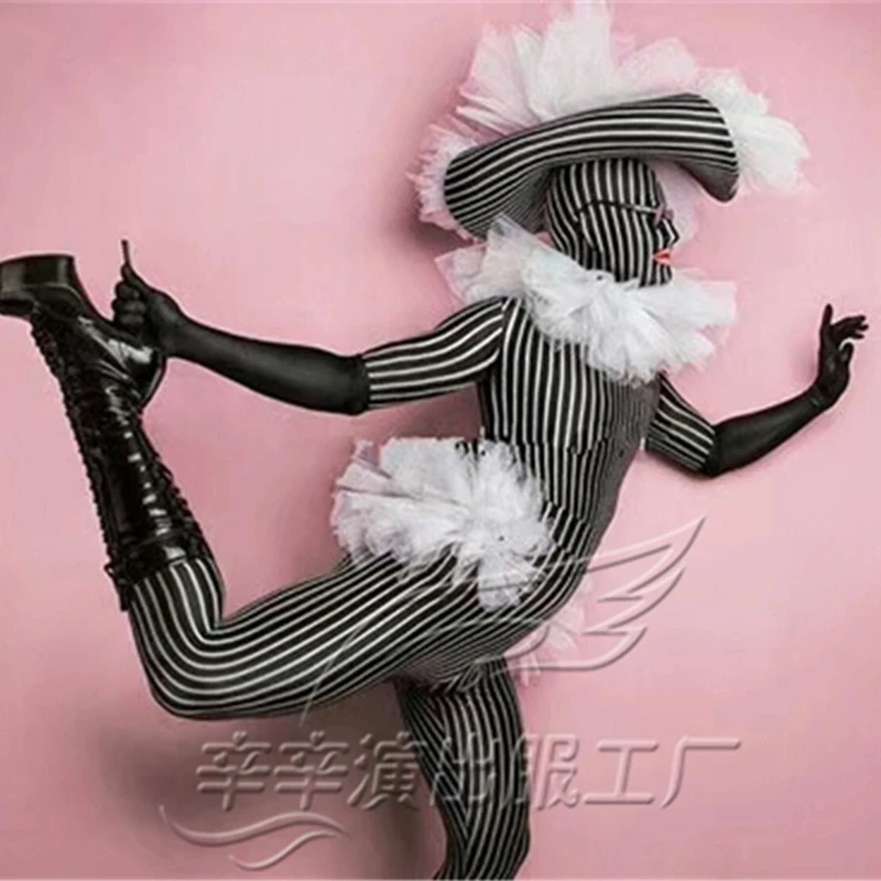 Nightclub Bar Party Female Singer Stripe Jumpsuit Decorative Hat Suit DJ DS Stage Performance Costumes Halloween Cosplay Outfits