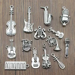 10pcs Musical Instrument Charms Antique Silver Color Guitar Microphone Violin French Horn Charms For Jewelry Making