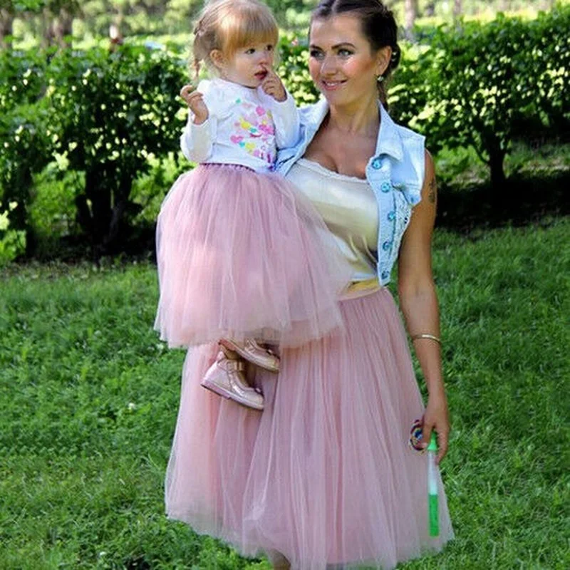 Mommy and Me Tutu Skirt Family Matching Look Tulle Dress Women Baby Girl Midi Pleated Skirt Summer Elastic High Waist Mesh Suits