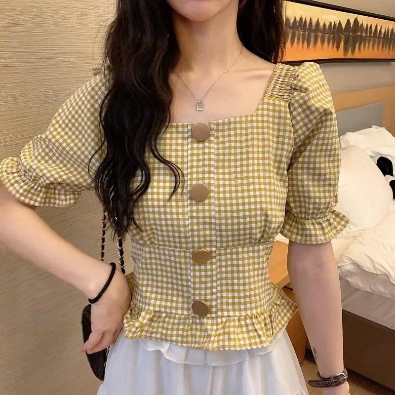 Shirts Women Sweet Square Collar Plaids Simple Abdomen Hipster Mujer Tops Summer Maiden Ruffles Clothing Korean Style Street Ins