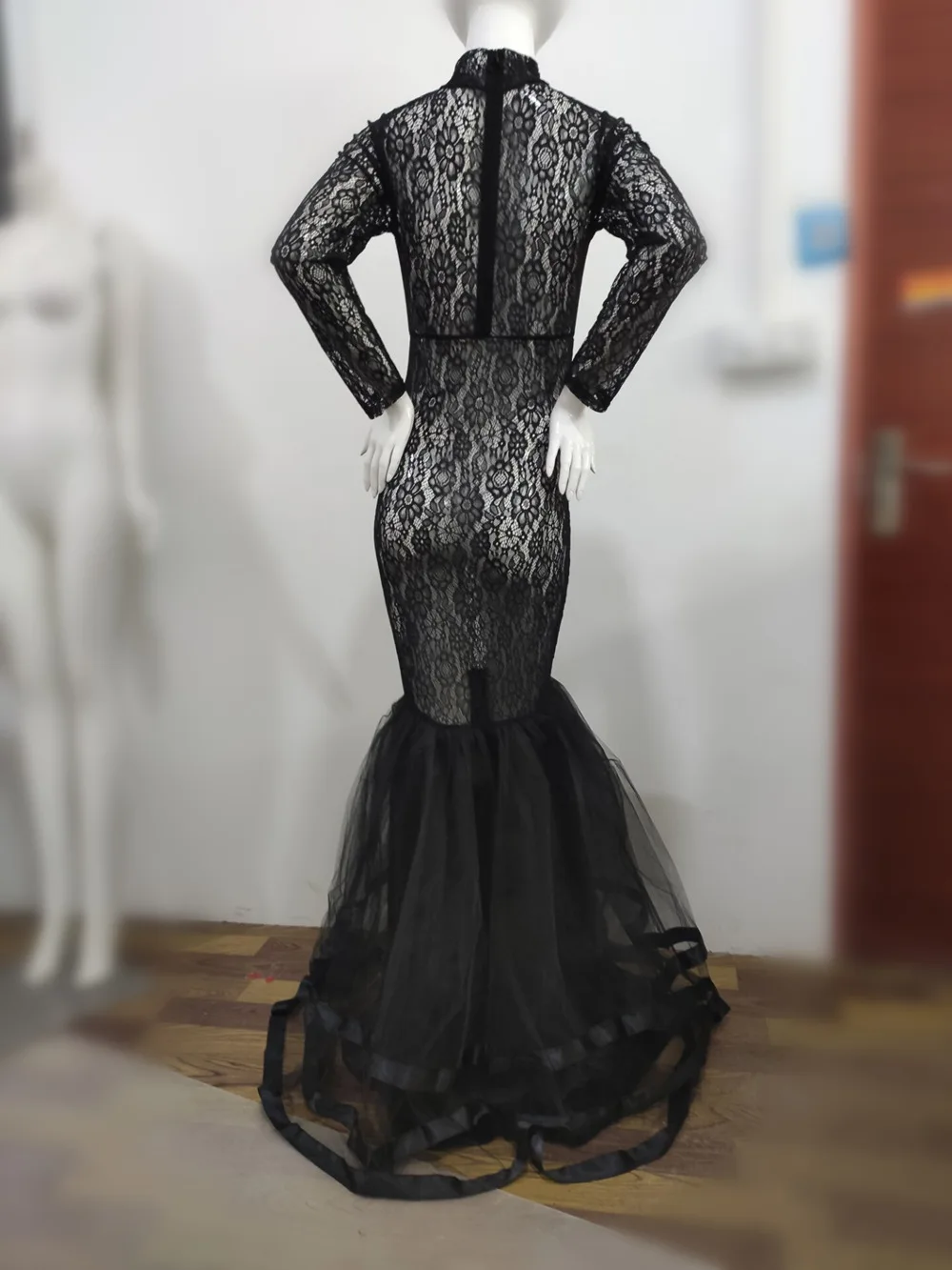 Robe Maxi en Dentelle Noire à Col Roulé pour Femme Enceinte, Tenue de Grossesse à Manches sulfpour Séance Photo