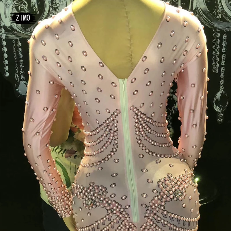 Sparkling Crystal Pearl Sexy Jumpsuit Women Pink Fashion Bodysuit Dance Costume Stage Performance Female Singer Stretch Costume