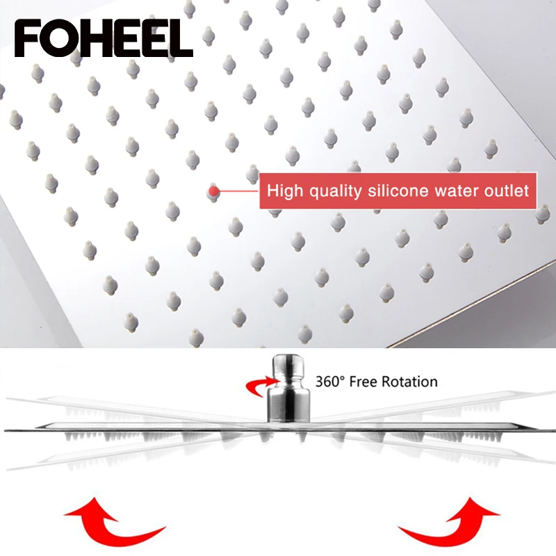 FOHEEL 12/10/8/6 inch Square Shower head Polished Chrome Stainless Steel Bathroom Rainfall Shower Heads