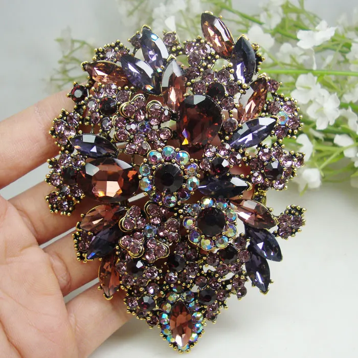 Fashion Purple Dual Droplets Flower Group Brooch Pin Pendant Rhinestone Crystal
