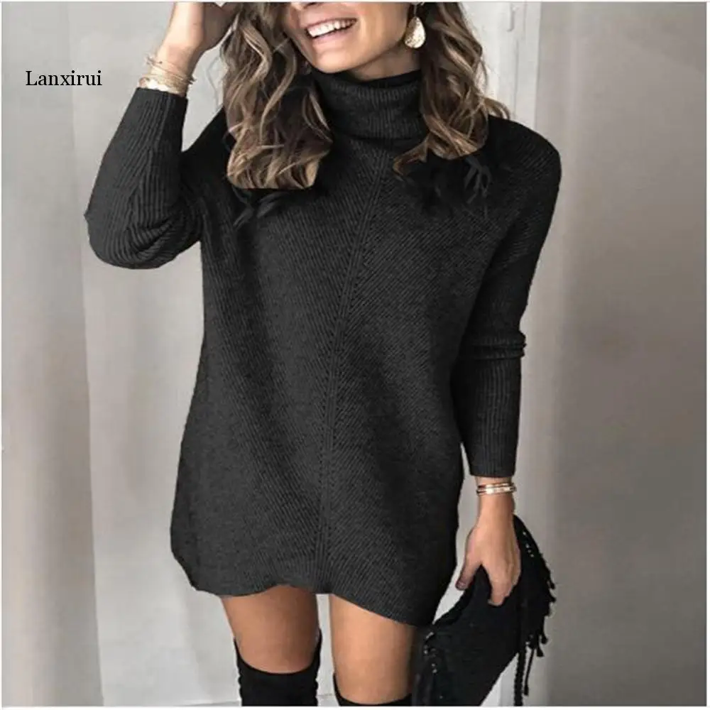 Autumn Women High Lapel Pure Color Long Sleeve Pullovers Dress Temperament Commuter Casual Loose Thick Warm Kniting Sweater