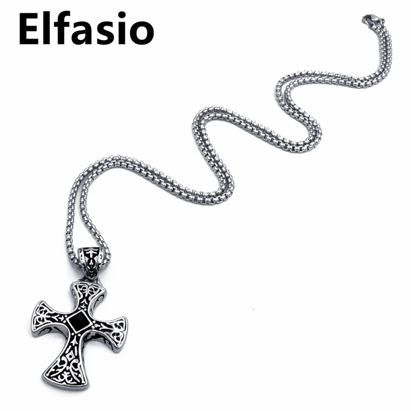 Elfasio Mens Boys Celtic Black CZ Cross Stainless Steel Pendant Necklace with 18-30inch Box Chain Vintage Jewelry
