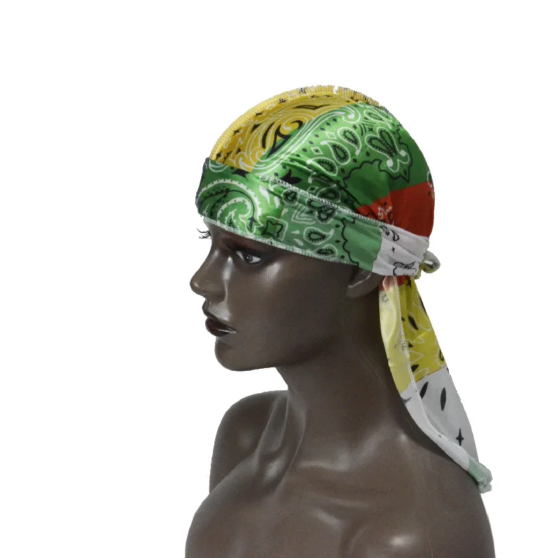 

New arriving hot-selling silk elastic printing durag silk thick long tail pirate hat silky durag headband designer durags