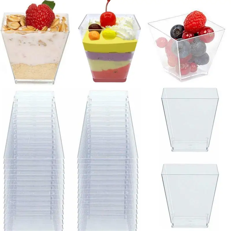 

50pcs Dessert Cups 60ml Disposable Plastic Cups Clear Portion Transparent Trapezoidal Food Container for Jelly Yogurt Mousses