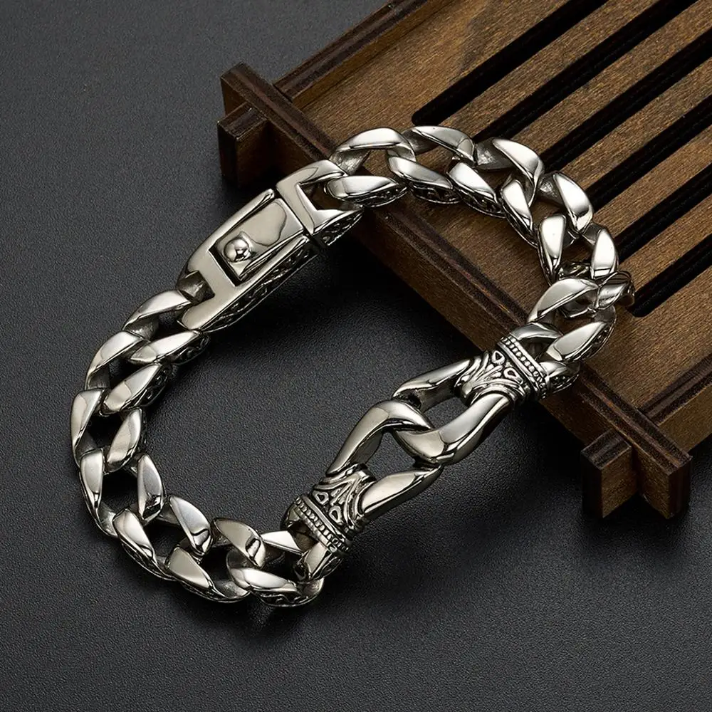 

Polished Silver Color Stainless Steel Handcuff Bracelet For Men Women 12mm Chunky Linking Chain Bracelet Homme Jewelry Accessory