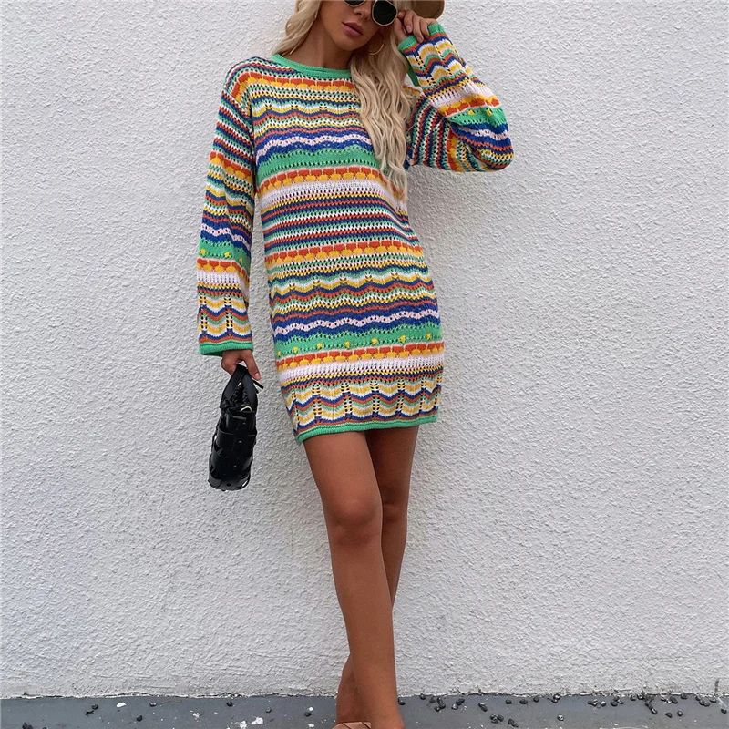 

Woman Elegant Hollow Out Knitted Mini Dress 2022 Chic Colorful Patchwork Knit Dresses Ladies Bohemia Beach Dress