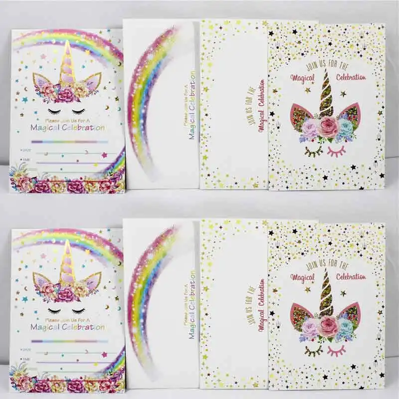 Unicorn Invitations Card Unicornio Party Happy Birthday Party Kids Decorations baby shower Favors Invitation Cards Envelopes