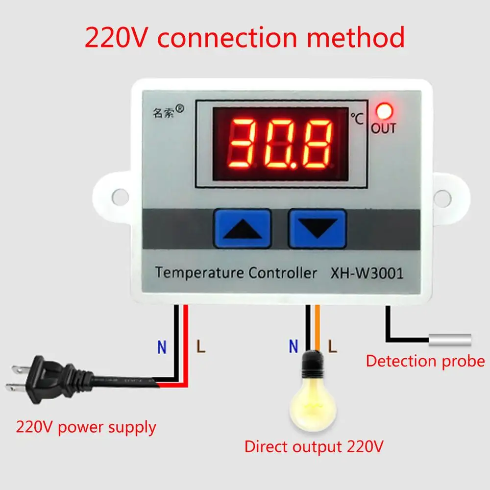 XH-W3001 W3001 Temperature Controller Digital LED Temperature Controller Thermometer Thermo Controller Switch Probe DC12/AC220V