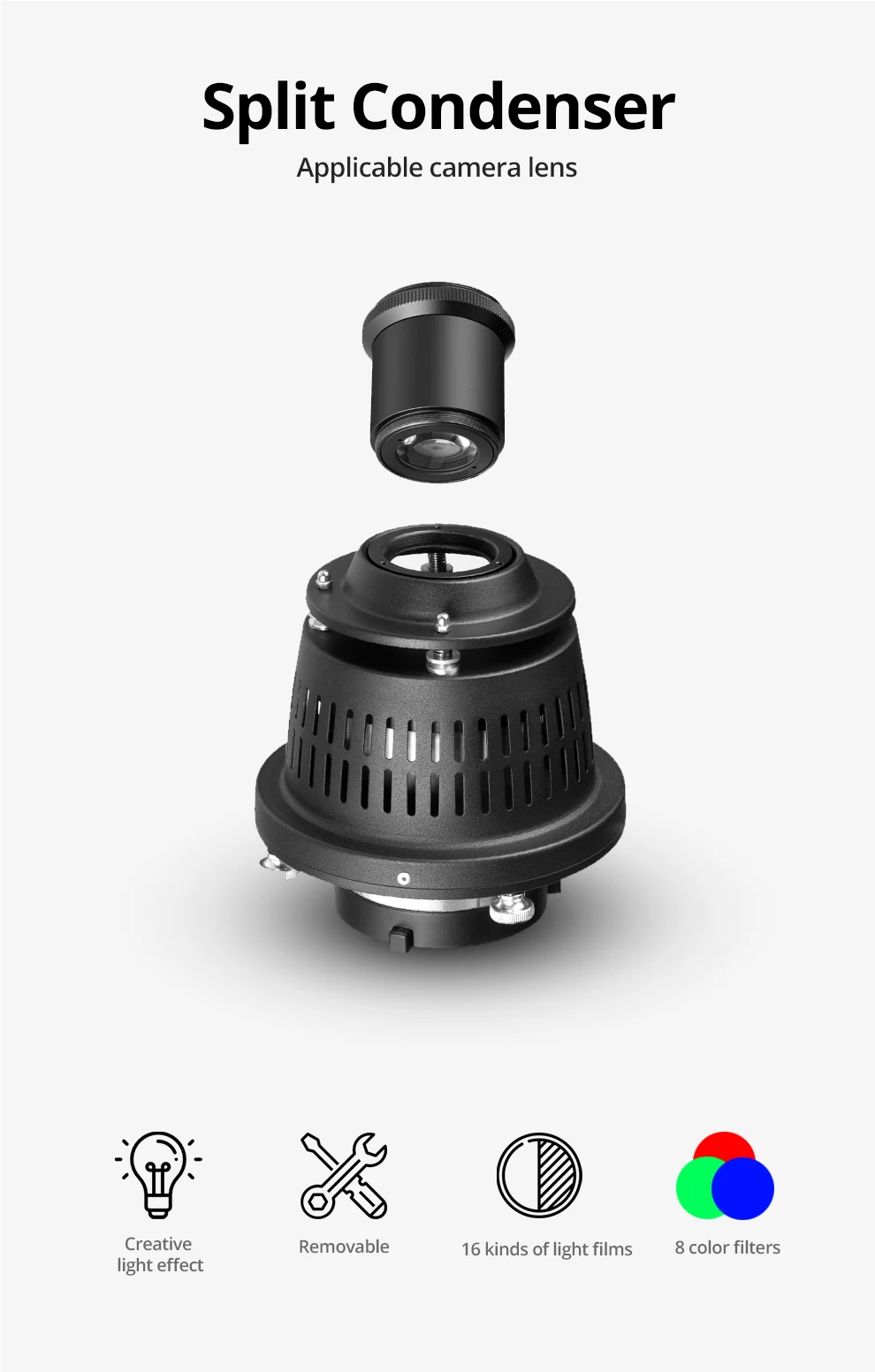 Andoer Bowens Optical Snoot Conical Focalize Condensador Art Efectos Especiales Cilindro De Luz Con 16 Tarjetas Graficas 8 Filtros De Color