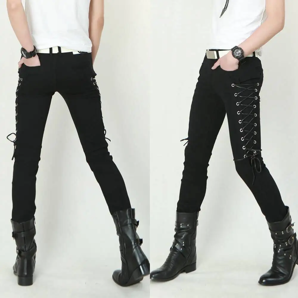 Idopy Fashion Slim Fit Pants Steampunk Black Patchwork Leather Lace Up Dance Night Club Gothic Button Jeans Trouser For Men