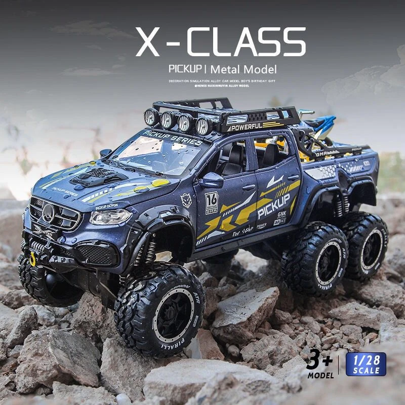 

1/28 X-Class Exy 6*6 Tyre Pickup Alloy Car Model Diecasts Metal Off-road Vehicles Car Model Simulation Sound Light Kids Toy Gift