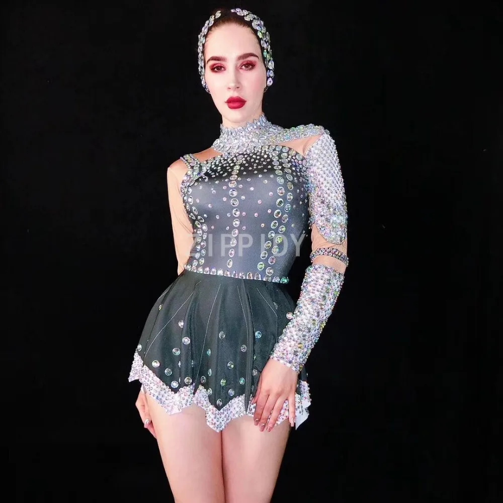 

Fashion Multi-color Rhinestones Long Sleeves Black Dress DS Dance Outfit Birthday Celebrate Dress Women Singer Stage Dress