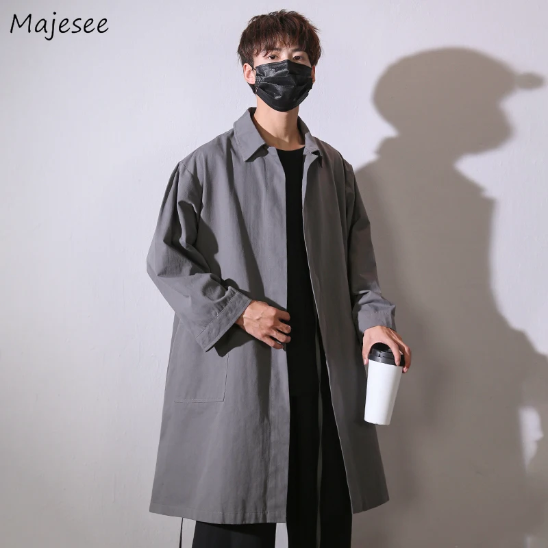 Trench Men Long Sleeve Autumn Loose Solid 4-color Fashion Streetwear All-match Vintage Black Students Outerwear Spring Coats New