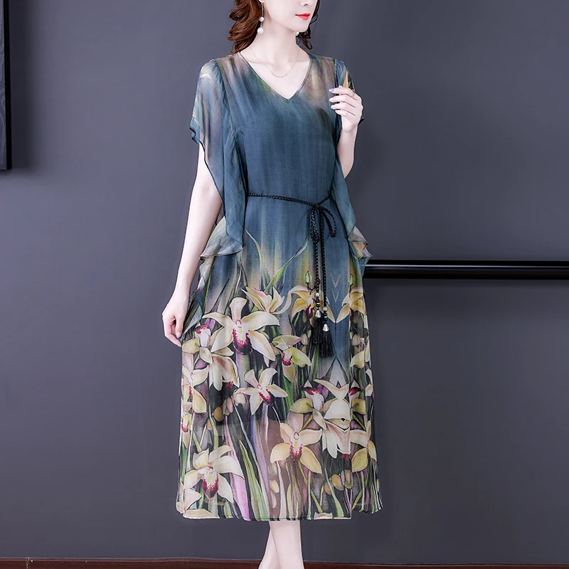 2024 Loose Print Natural Silk Midi Dress Summer Vintage Casual Chiffon Dress Elegant Women Bodycon Party Evening Vestidos