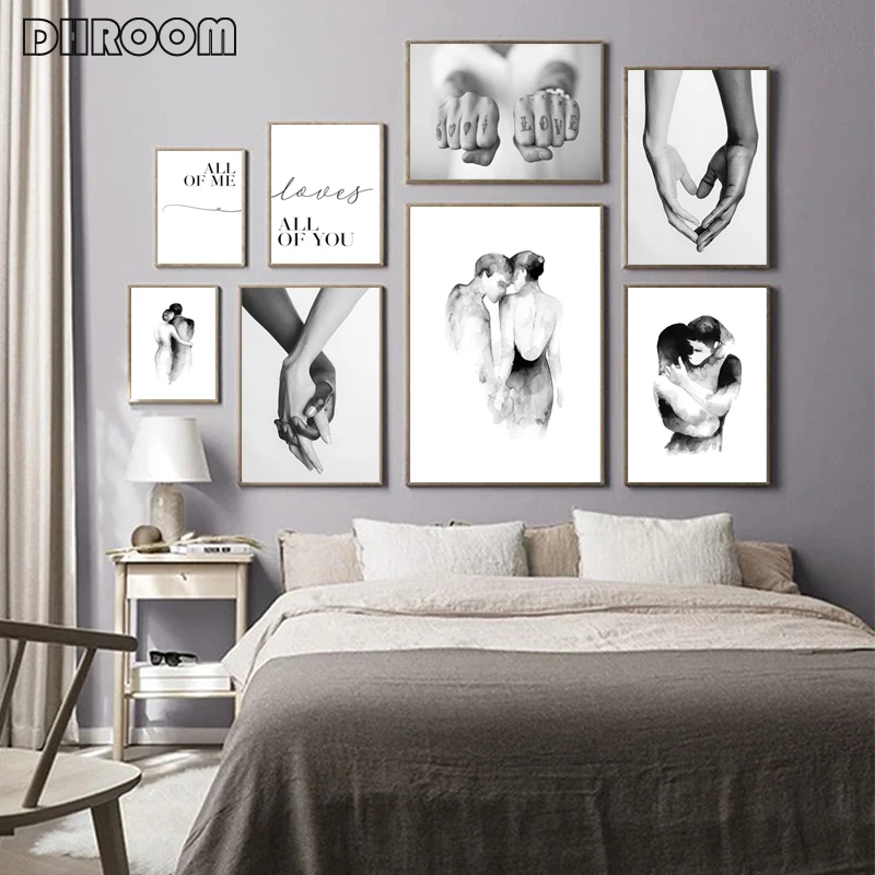 

Hand with Hand Abstract Canvas Painting Couple Sweet Love Quotes Print Poster and Print Black White Wall Art Decoration Picture
