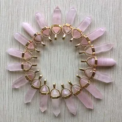 Fashion natural roses quartz pink point pillar gold color alloy pendants for jewelry making 24pcs/lot Wholesale free shipping