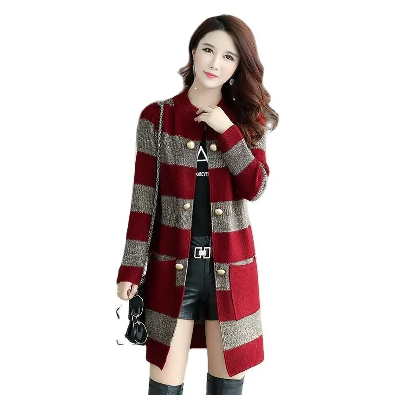 2022 New Women Knitted Sweater Coat Female Spring Autumn Stripe Loose Slimming Coat Women Knitted Mid-Length Cardigan Jacket A98