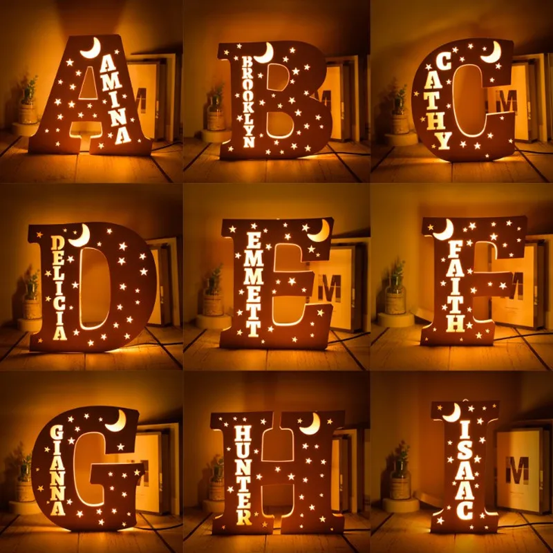 Custom Name Night Light LED Personalized Wooden Engraved Name Wall Night Lights USB Letter Decorative Table Lamp Christmas Gifts