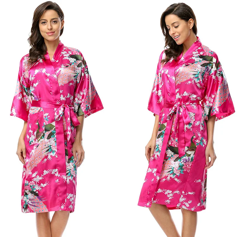 Women's Summer Silk Satin Robe Long Wrap Kimono Cover-ups Flower Printed Sleepwear Nightwear Bridal Robes for Bridesmaids