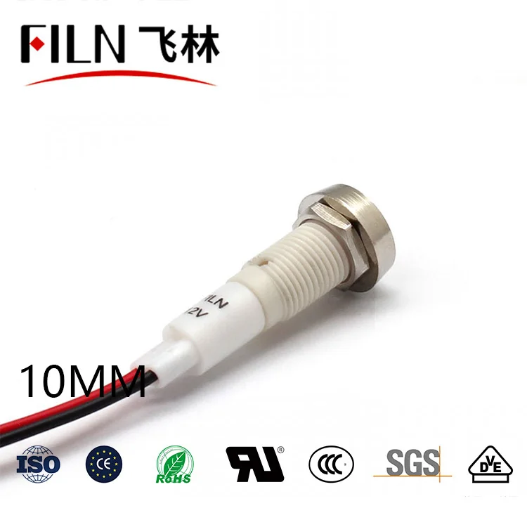 FILN 10mm 12v 24v 220v 110v  red signal lamp indicator light with Various Length for water boiler