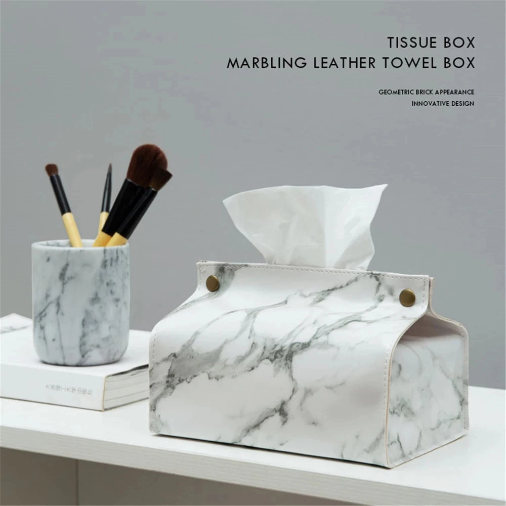 PU Leather Marble Pattern Chic Tissue Case Box Home Car Towel Napkin Papers Bag Container Holder Decoration Organizer Baskets