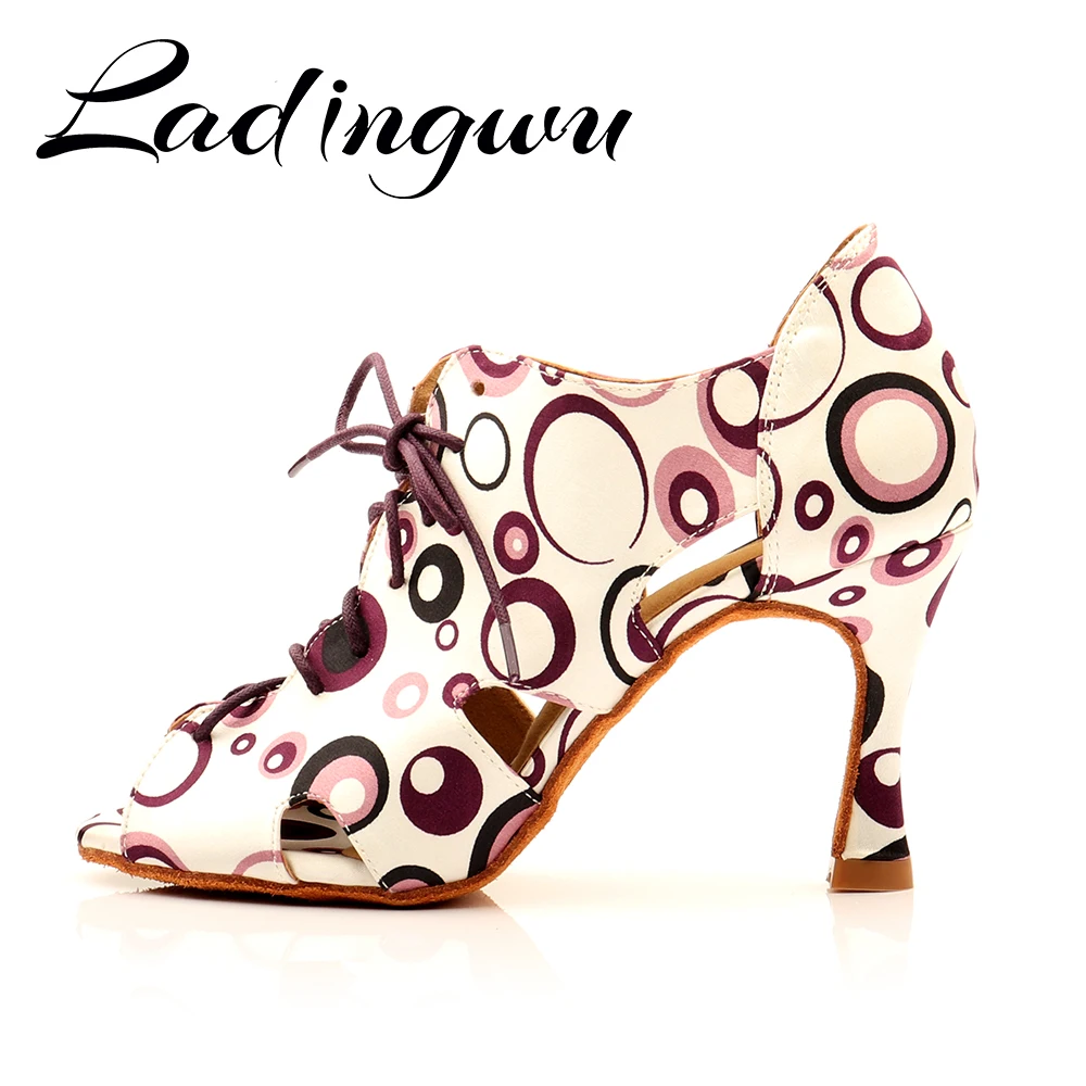 Ladingwu Dance Shoes Latin For Women Female Teaching Dance Shoes Fashion Pattern Silk satin Ballroom Salsa Dance Shoes Sandals