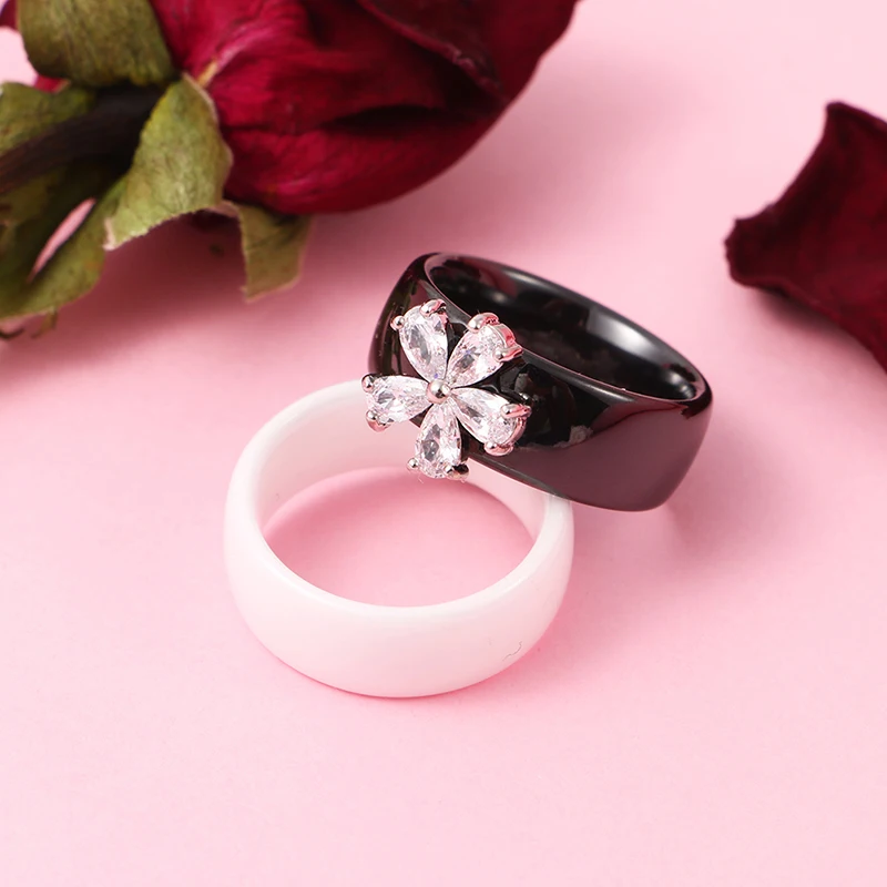 925 Silver CZ Crystal Women Ring Bling White Stone Flower Shape Healthy Ceramic Rings Fashion Women Chritmas  Jewelry Gift