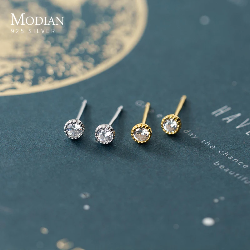 Modian Cute Round Zircon Gold Color Stud Earring for Women Real 925 Sterling Silver Anti-Allergy Ear Pin Fine Jewelry Girl Gift