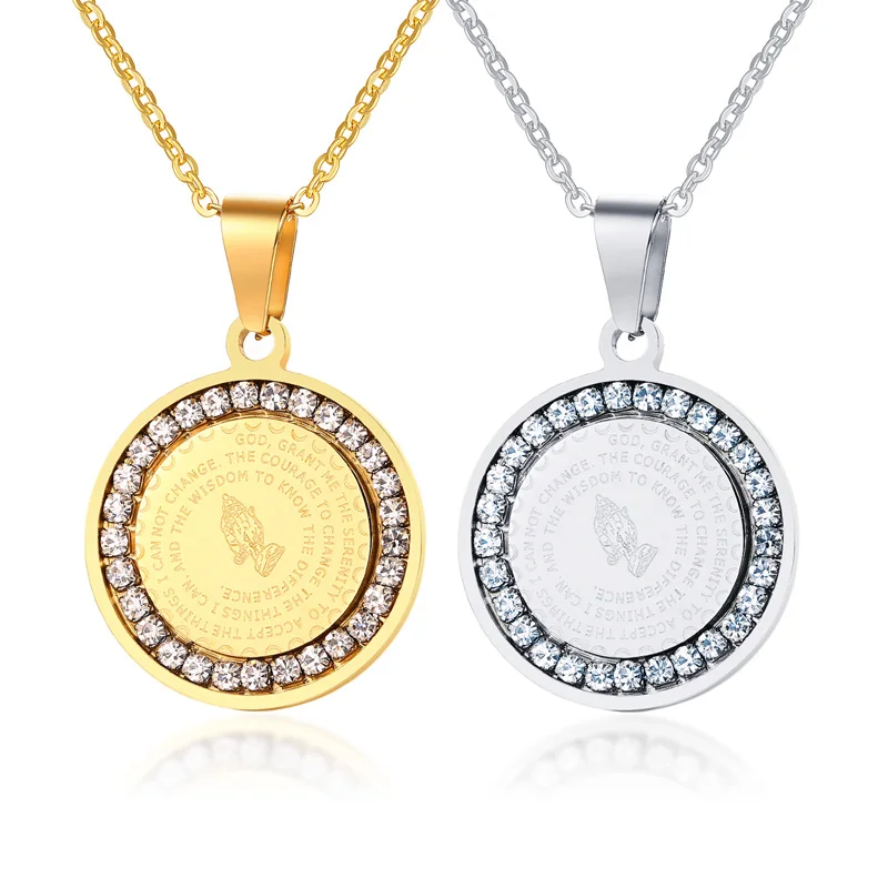 Hand Coin Medal Pendant Bible Verse Prayer Men Women Necklace Stainless Steel Gold Silver Color Couple Jewelry