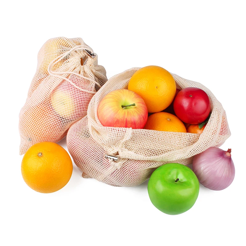 

3pcs/Set Natural Cotton Drawstring Pouch For Vegetable Fruit Mesh Net Bag Super Market Factory Direct Sale Can Be Customized