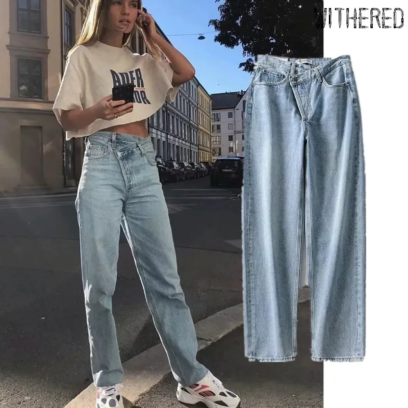 Jenny&Dave woman high waist jeans  INS fashion blogger high street vintage washed asymmetric waist mom jeans boyfriend jeans