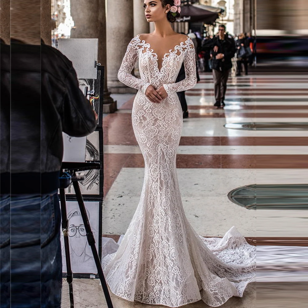 Nieuwe Mode Lange Mouwen Mermaid Trouwjurken 2020 Open Back Bridal Bruidsjurken Voor Bruid Robe De Mariee