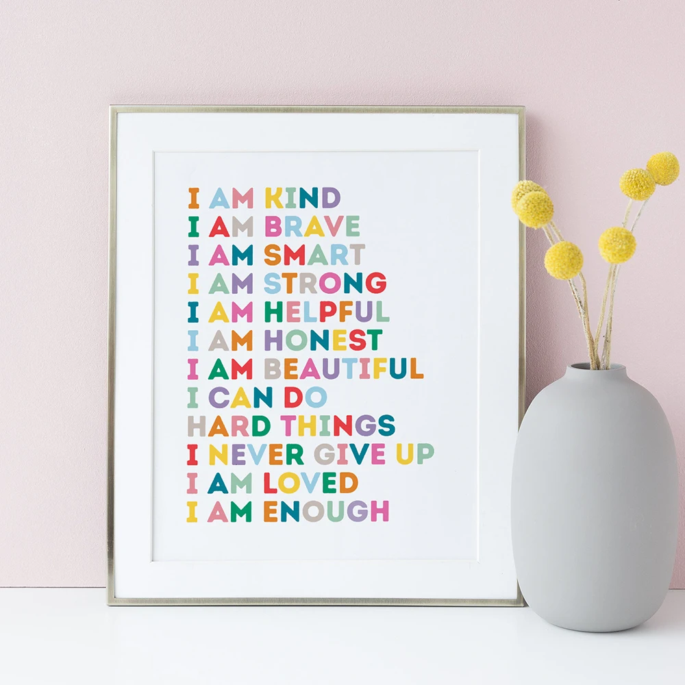 

Kid Affirmations Wall Art Canvas Painting I Am Kind I Am Enough Colorful Poster Prints Nursery Kids Room Playroom Wall Art Decor