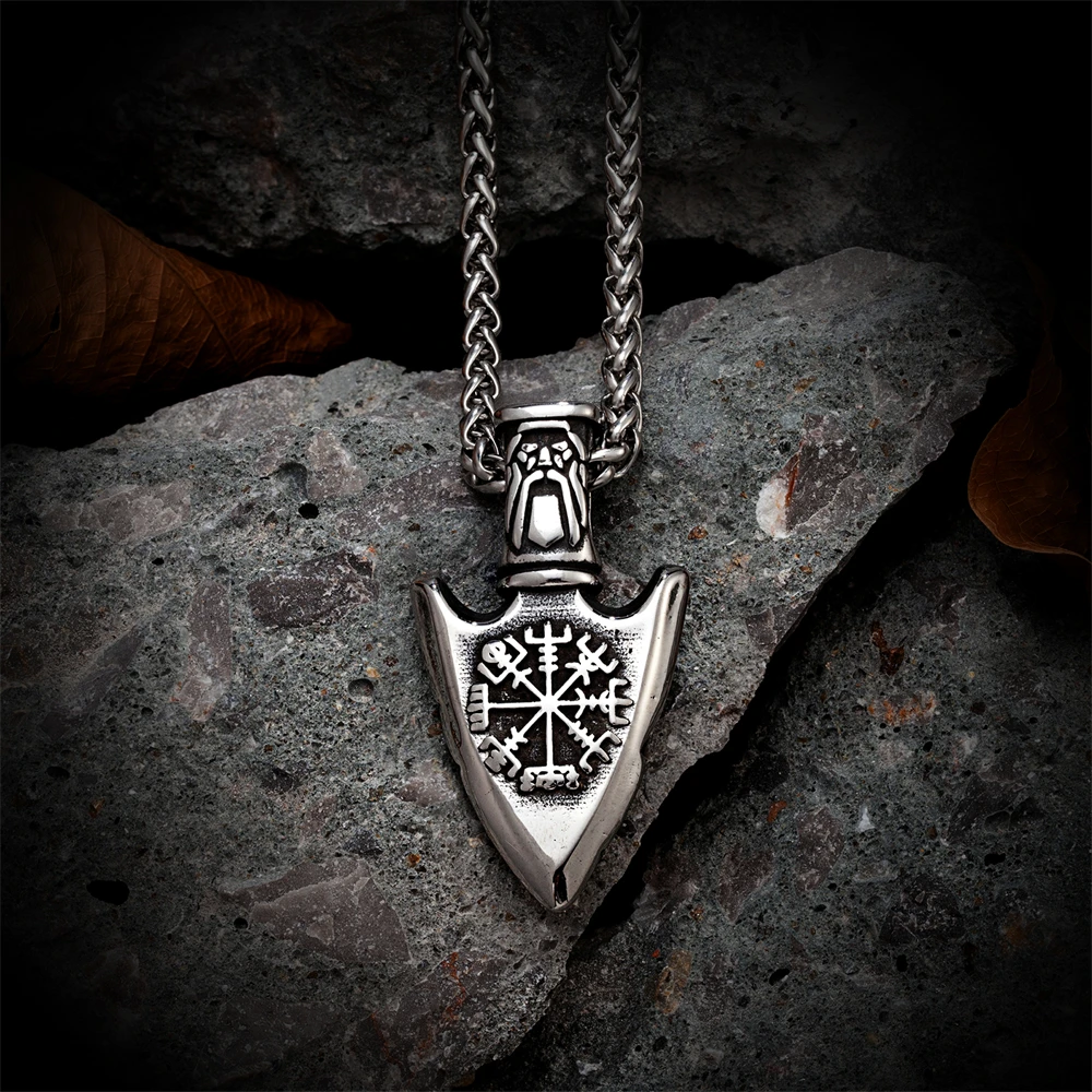 Viking Triangle Trinity Runes Shield Necklace Men Stainless Steel Double-Sided Amulet Nordic Compass Pendant Slavic Jewelry Gift