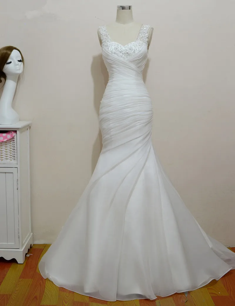 Rochii Real Foto Kapmouwtjes Sweetheart Witte Organza Open Back Mermaid Bruidsjurk Robe De Mariage Bespoke Trouwjurken