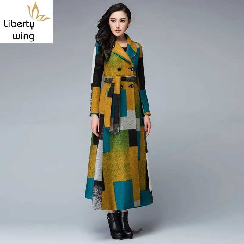 

Euro 2020 Autumn Winter Womens Lapal Collar Slim Fit Wool Blends Colored Printed Warm Coat Female Full Length Lady Overcoat